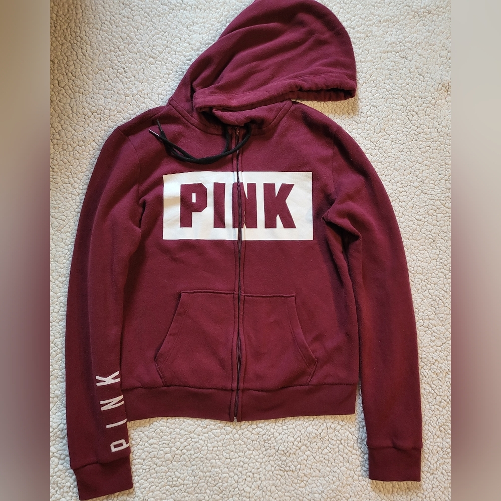 Pink Victorias Secret Logo Zip Up Hoodie Womens Size XS Maroon